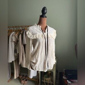 E&M Cream Ruffled Blouse with Bell Sleeves and Tie Front
